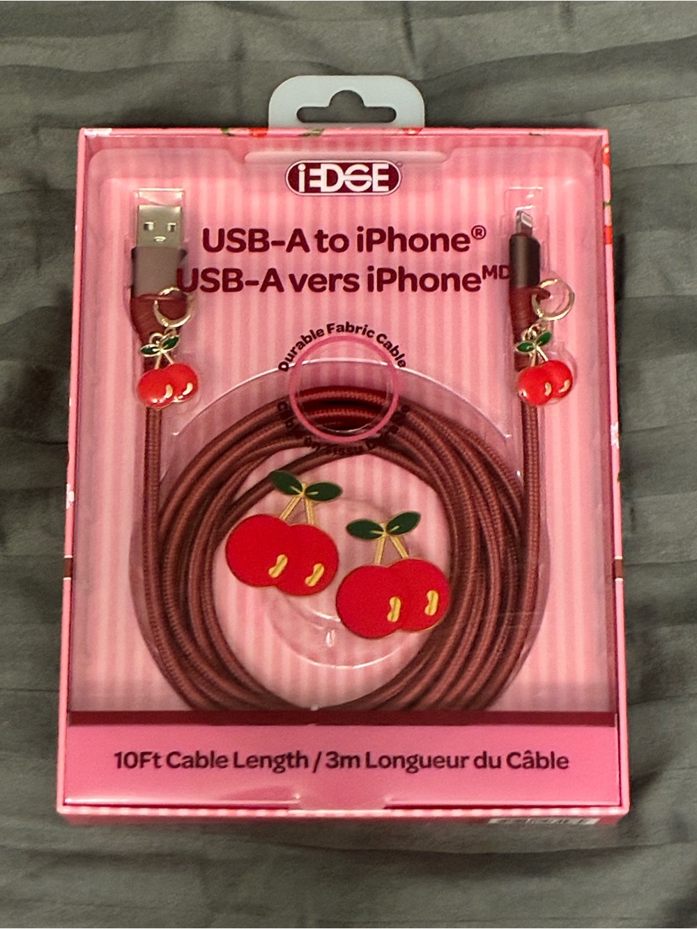 edge Red Fabric USB-A to iPhone Cable with Cherry Charms